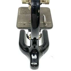 Black finished monocular microscope by Prior London No. 17372,  with pitchfork base and rack and pinion focusing, in original fitted wooden case with additional lenses, H32cm, together with Watts dumpy level, no. 116249, in a leather case