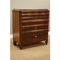  19th century French figured mahogany chest, four graduating drawers, turned front feet, W99cm, H106cm, D51cm  