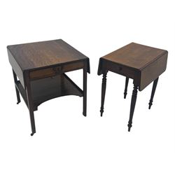 Georgian design mahogany drop-leaf table, rectangular top above a single drawer with brass handle, square supports united by arched undertier, on brass castors (W62cm, D65cm, H72cm); and a smaller mahogany drop-leaf table with single drawer on turned supports (W43cm, D61cm, H72cm)