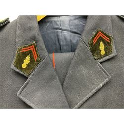 Mid 20th century French Ugeco Nantes first class dress navy blue uniform with ribbon bar with cap, and quantity of Sapeurs Pompiers patches, Sapeurs Pompiers de Caen belt buckle etc