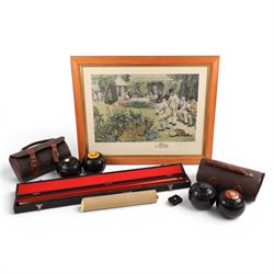 Two sets of cased bowls, together with bowls print etc