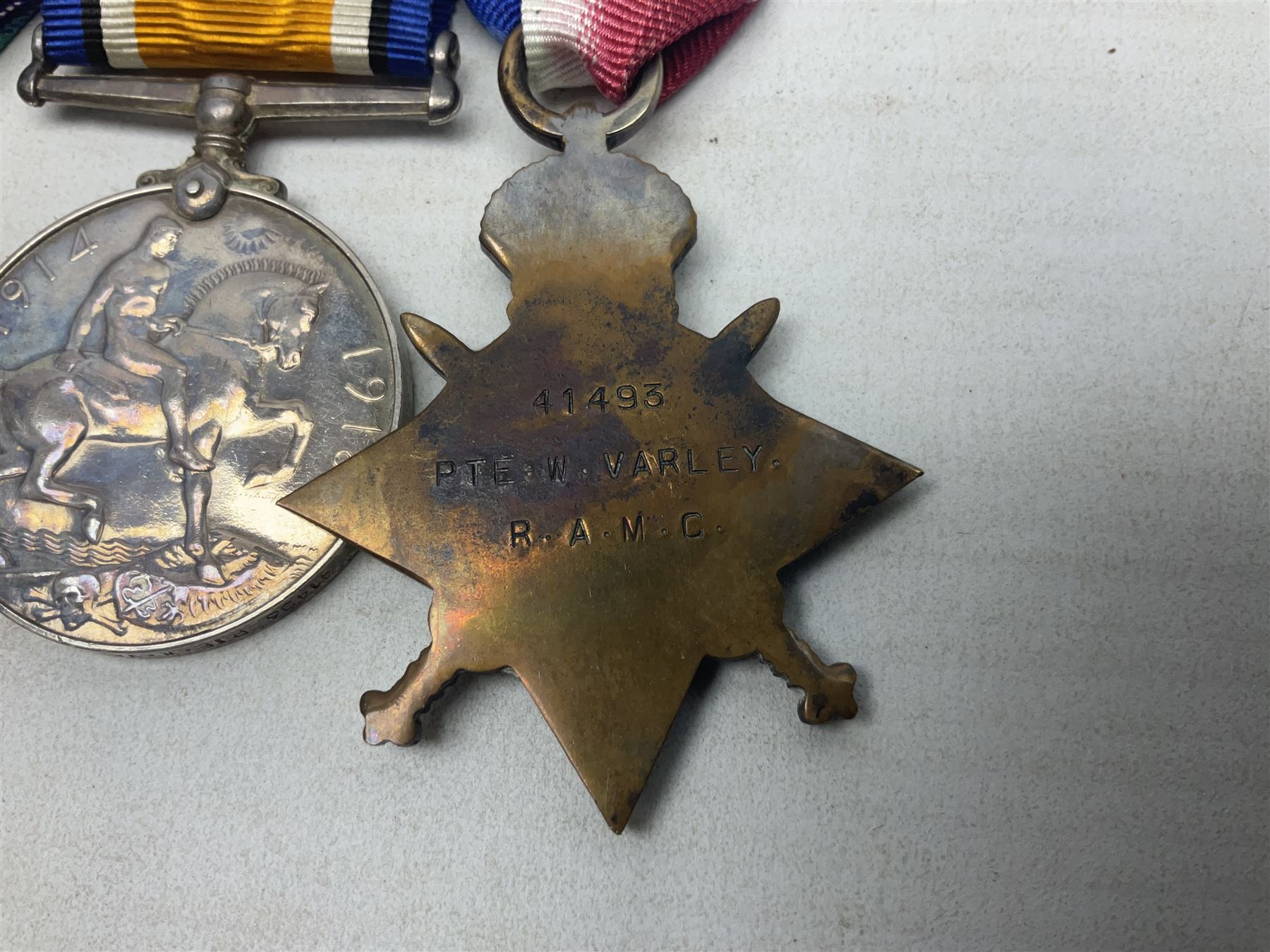 WW1 group of three medals comprising British War Medal, 1914-15 Star and Victory Medal awarded to 41493 Pte. W. Varley R.A.M.C.; all with ribbons