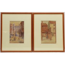 John Wynne Williams (British fl.1900-1920): Old Scarborough - Newborough Bar and Quay Street, pair watercolours signed, one dated '91, 24cm x 16cm (2)
