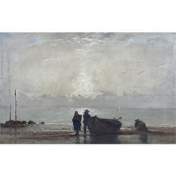 English School (19th century): Fisher Folk and Coble on the Beach at Sunset, oil on canvas unsigned 30cm x 45cm