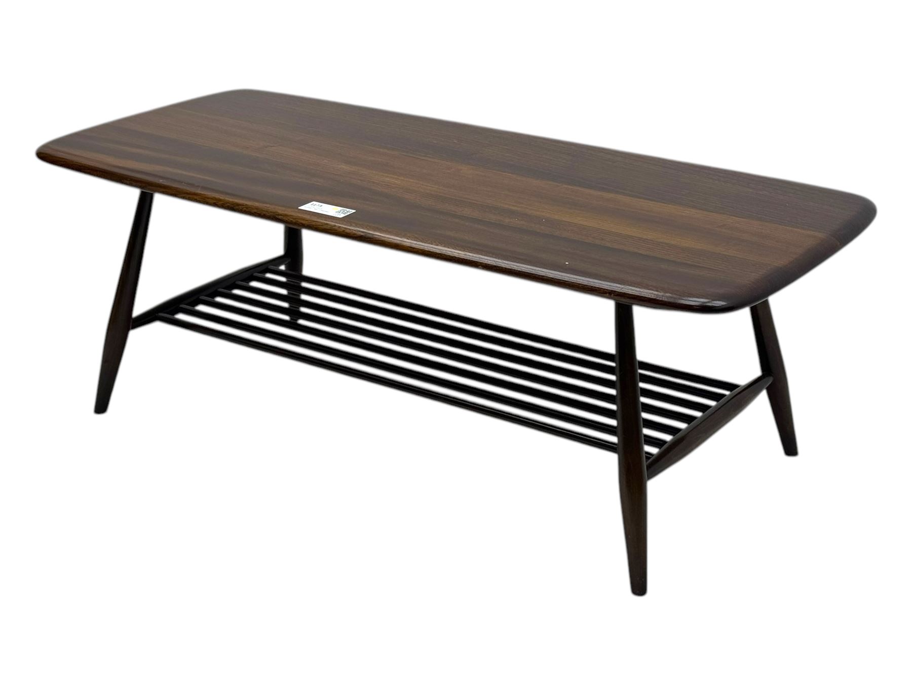Lucian Ercolani for Ercol - mid-20th century elm 'Windsor' coffee table, rectangular top with rounded corners and chamfered edge, over an integral slatted undertier, on splayed tapering supports