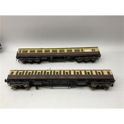 '0' gauge - eight early 20th century scratch-built coaches with GWR livery including three restaurant cars, newspaper van, luggage/guards van etc