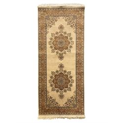 Finely knotted silk on silk ivory ground runner (L185cm,  W76cm), overall floral design together with a prayer rug (L94cm, W63cm)