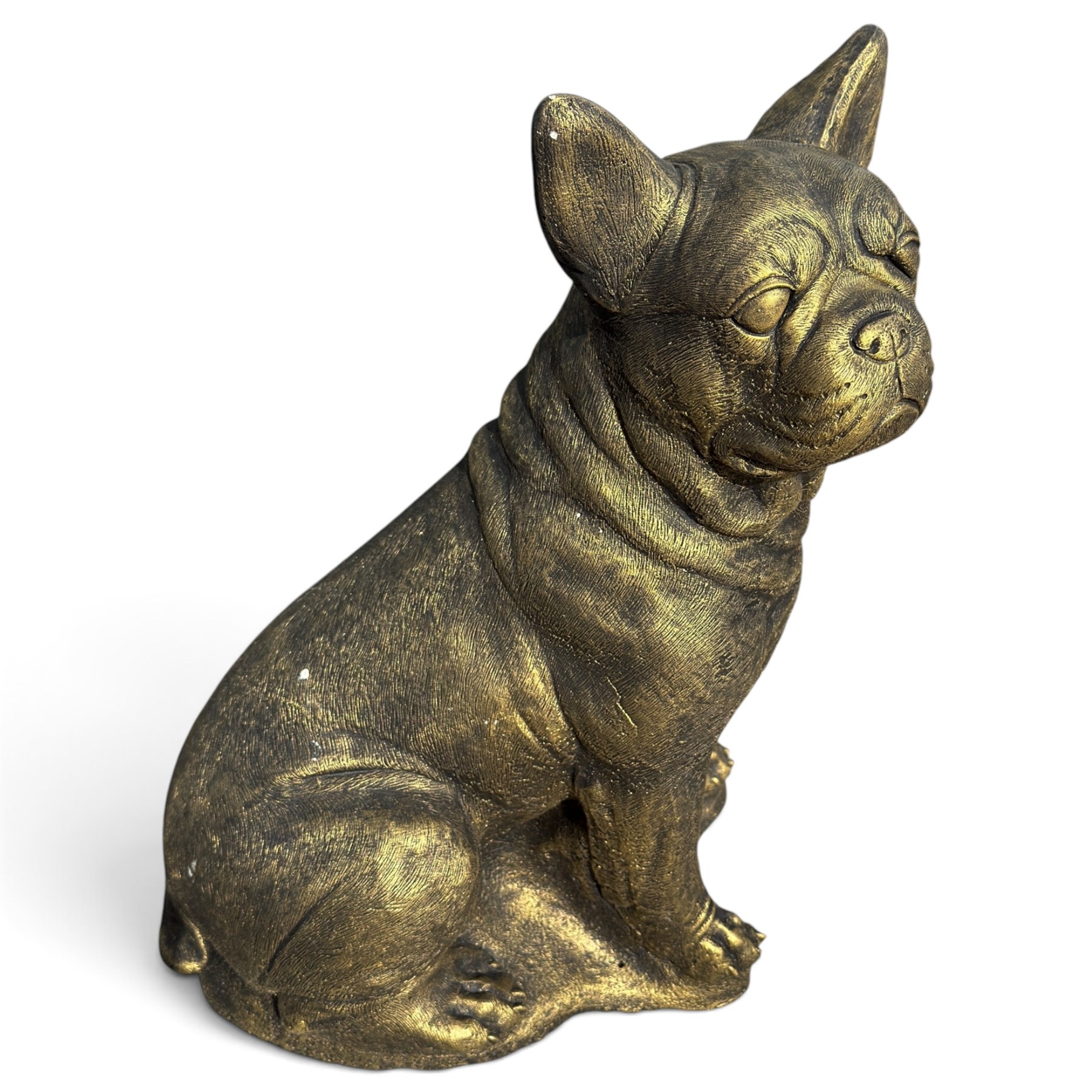 Bronzed composition figure of a seated French bulldog, together with a collection of vintage painted cast stone garden gnomes