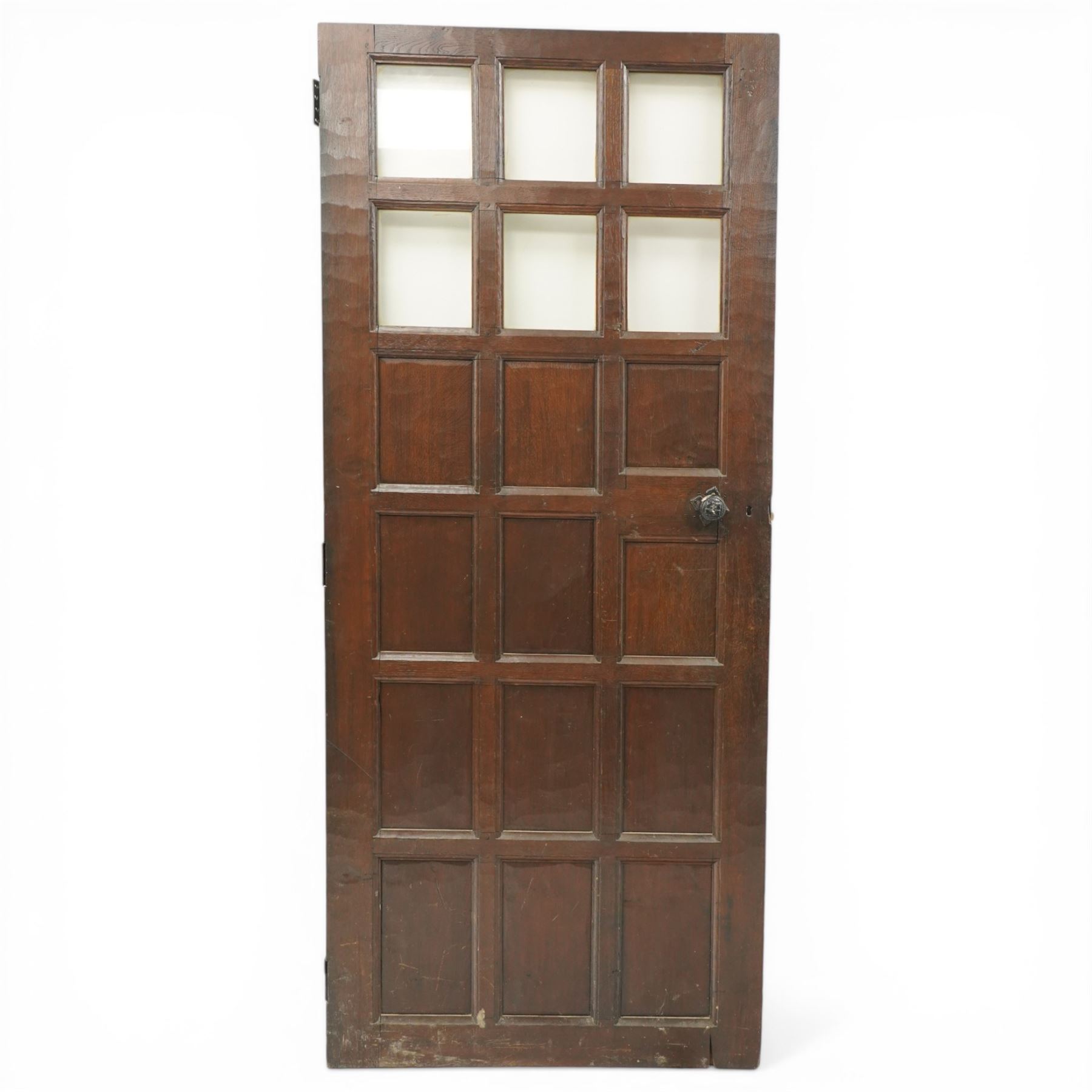 Mouseman - 1940s glazed, panelled and adzed vestibule door with castellated frame, with carved mouse signature, by Robert Thompson of Kilburn