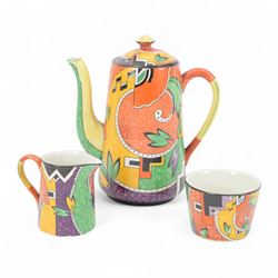 Royal Winton Jazz pattern coffee set, circa 1925, decorated with printed scroll and cubist motifs in yellow, green and red tones, comprising coffee pot, six coffee cans and saucers, cream jug and sugar bowl, coffee pot H20cm