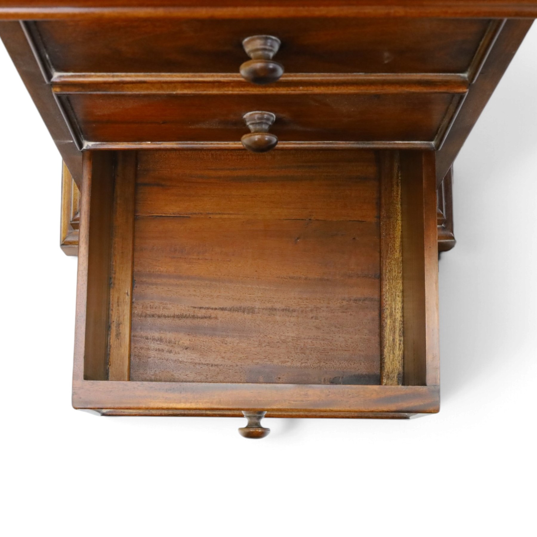 Willis & Gambier - cherrywood dressing table with mirror and stool, three-part mirror on turned uprights with finials, rectangular top above three cushion-moulded frieze drawers, twin pedestals each fitted with three graduated drawers, panelled sides and stepped plinth bases, stool with turned supports and padded seat