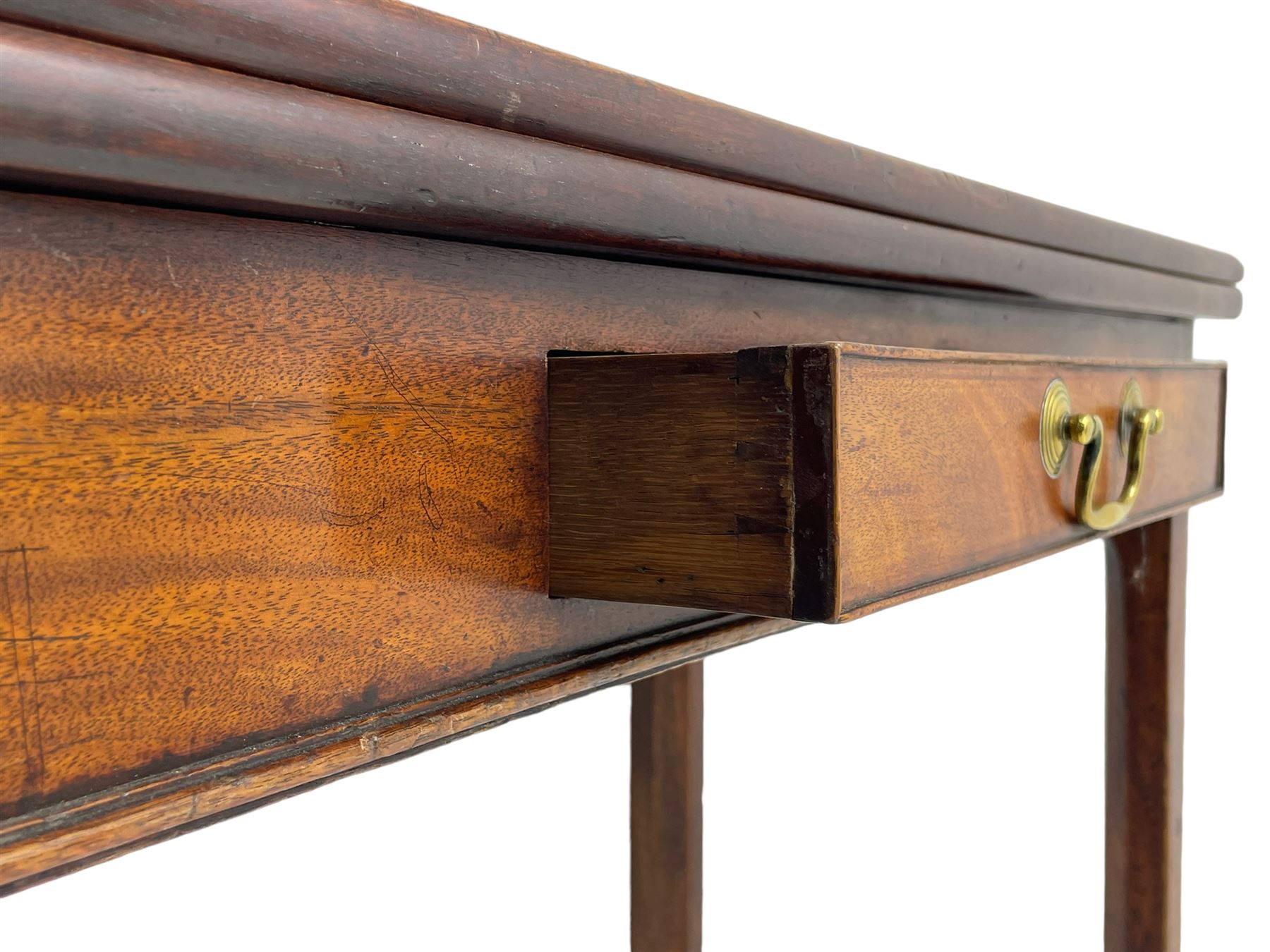 George III mahogany tea or side table, fold-over top over single gate-leg action base, fitted with single cock-beaded drawer, raised on square supports with inner chamfer