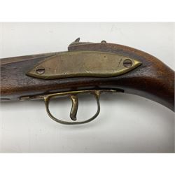 Leather covered swagger/sword stick with 40cm steel blade L62cm overall; another ash sword stick with 30cm diamond section steel blade; pair of fencing foils, the blades marked Solingen; two reproduction flintlock pistols; and 92cm inert cartridge belt (7)