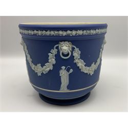 Victorian Wedgwood blue jasperware jardiniere H16.5cm; Victorian copper lustre jug; James Kent art deco style green glazed jug; and Beswick figure of a singing cat (4)