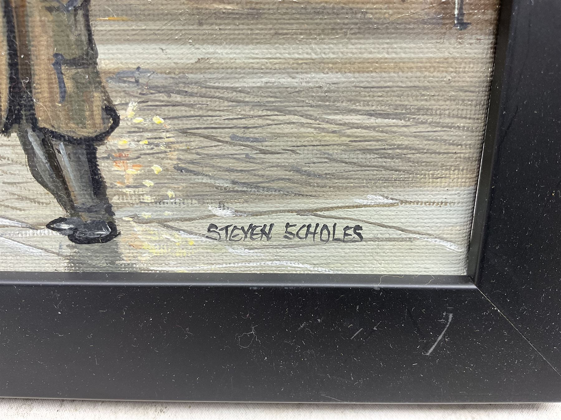 Steven Scholes (Northern British 1952-): 'Lamplighter at All Saint's -Manchester 1953', oil on canvas signed, titled verso 19cm x 29cm