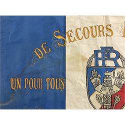 French State Police banner as the tricolor flag embroidered with coloured and metallic thread 'Societe De Secours Mutuels Un Pour Tous Tous Pour Un De La Police D'Eteat De Marseille' to one side; plain flag verso; tassels to three sides 100 x 113cm