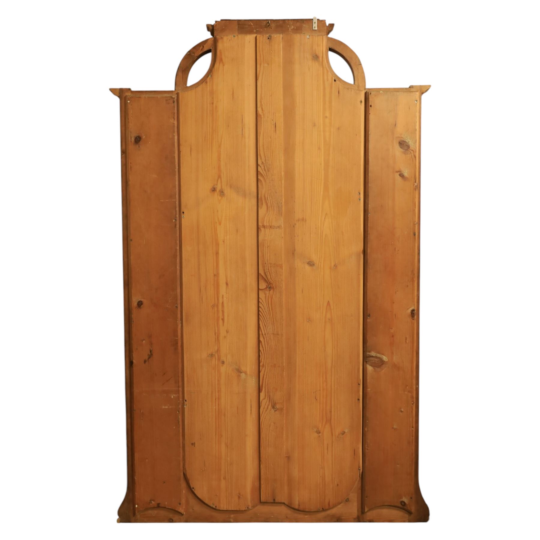 Art Nouveau oak hall mirror, the scrolling frame with large central bevelled mirror plate, boardered by six small mirrors with four shelves between, the base, with carved and pierced floral decoration, upon six cabriole legs   