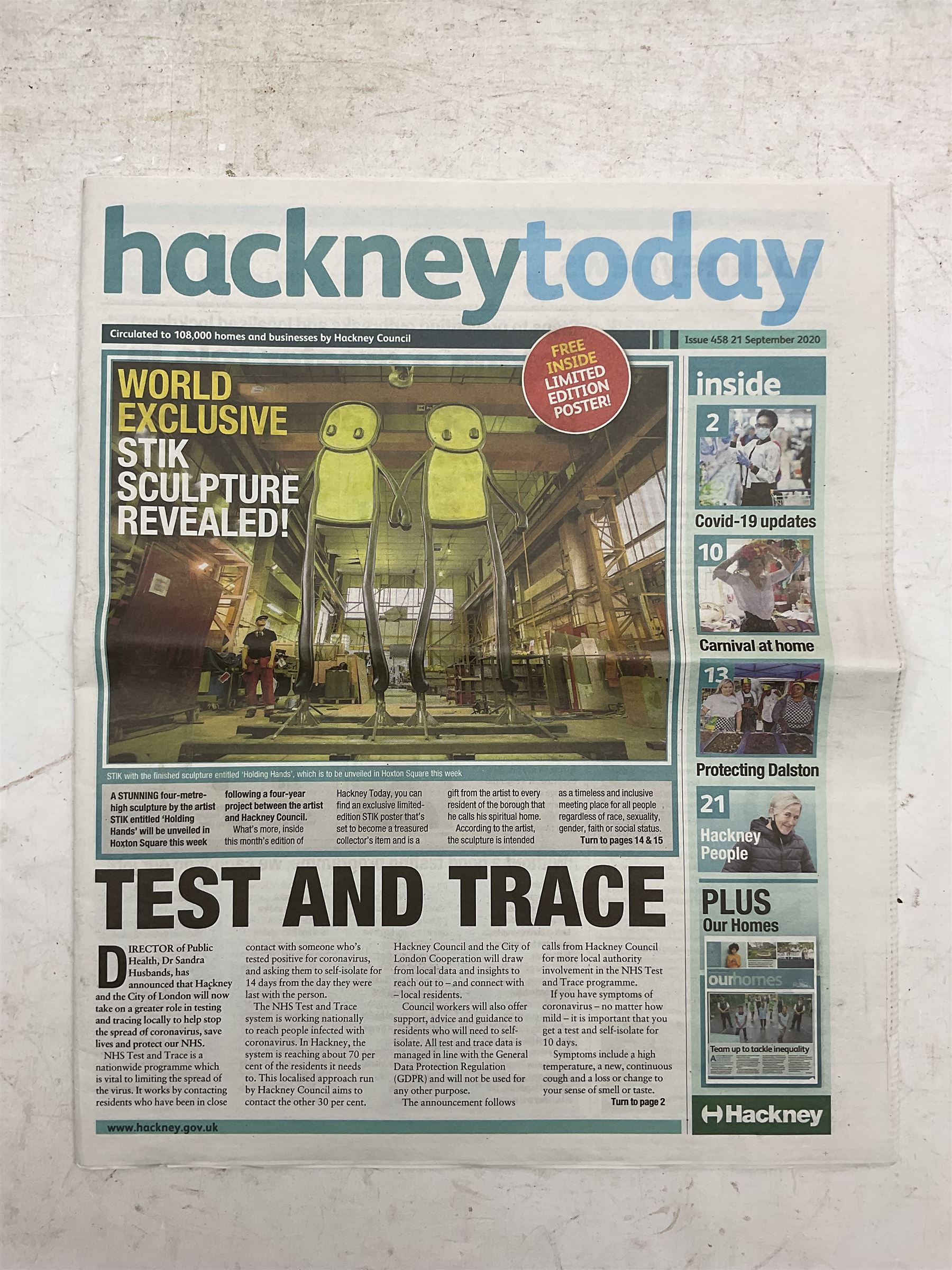 Stik (British 1979-): 'Holding Hands' - Orange, offset lithograph in colours pub. 2020, 49cm x 49cm, together with a copy of 'Hackney Today' newspaper, 21st September 2020, in which the print was distributed (2)