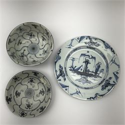 A Tek Sing Cargo blue and white bowl, D15cm, and small plate 15.5cm, each with label beneath, together with a book titled The Legacy of the Tek Sing by Nigel Pickford and Michael Hatcher, plus a blue and white Delftware plate. 