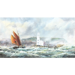 Robert Sheader (British 20th century): Stormy Seas off Scarborough, oil on board signed and dated November 1986, 42cm x 75cm