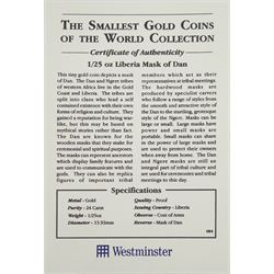 Republic of Liberia 2000 fine gold 1/25 ounce 'Liberia Mask of Dan' coin from 'The Smallest Gold Coins of the World Collection', with certificate