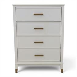 Dorel Home - Modern chest of drawer, white painted rectangular top above, four drawers with bronze metal handles, on tapered supports 