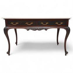 Late Victorian mahogany washstand, rectangular pale granite top over two drawers, the drawer front decorated with blind fretwork and ornate gilt cast metal handles, shaped apron carved with curled foliage, on acanthus carved cabriole supports 
