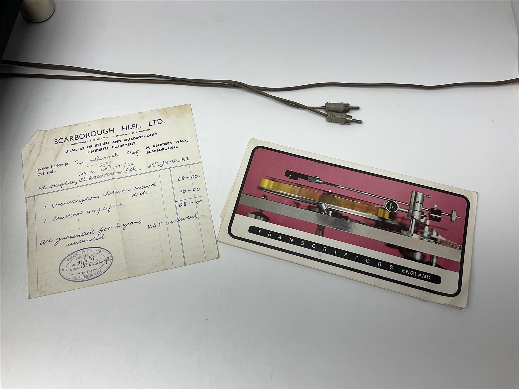 1970s Transcriptor Saturn turntable with paperwork including original receipt dated June 1973 and some accessories