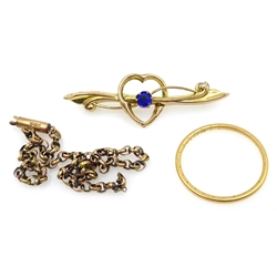  22ct gold wedding band approx 2gm, 9ct gold stone set bar brooch and a gold chain approx 2gm  