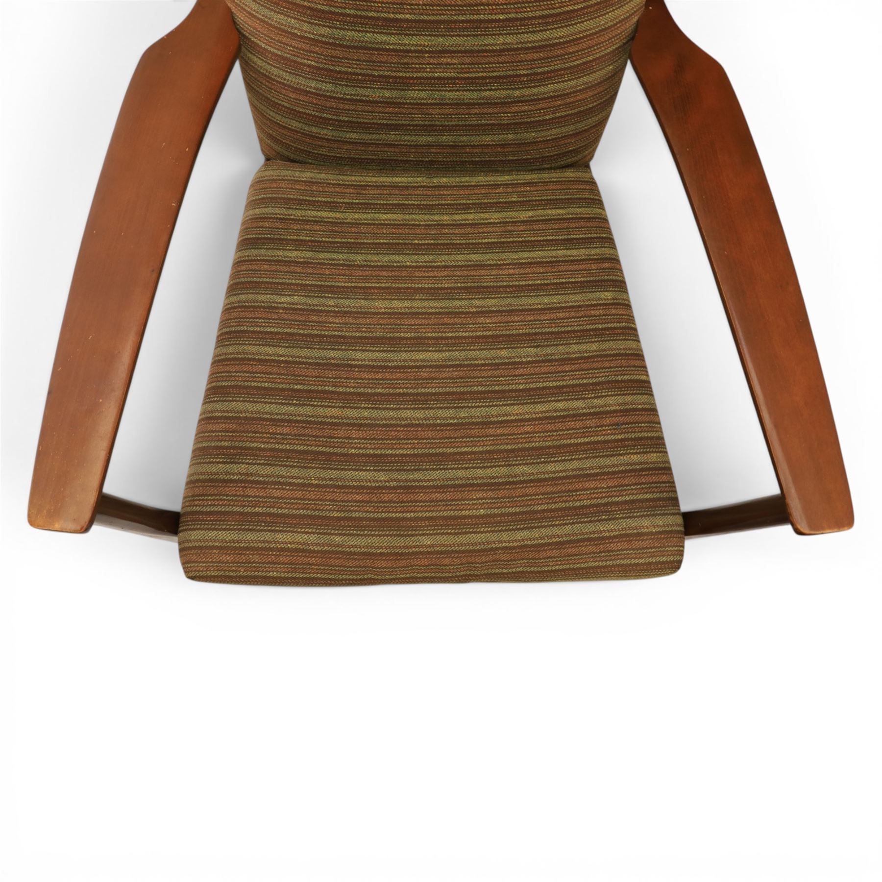 Parker Knoll - 'PK 988' open armchair, with teak frame, upholstered in a striped fabric, raised on tapering supports, the loose seat cushion supported on elasticated webbing 