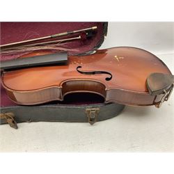 German trade violin 1950s with 36cm two-piece maple back and ribs and spruce top, bears label 'Johann Stainer in Absam prope Oenipontum 1650' L59cm; in carrying case with bow impressed Tourte