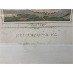 Early 20th century humorous military colour print entitled 'Reconnoitring' depicting three titled images 'Past', 'Presently' and 'Present'; published 1907 and signed on the mount by the artist C.S. Collison 38 x 73cm; Hogarth style frame
