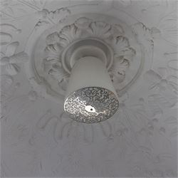 Marcel Wanders for Flos - pair of 'Skygarden S2' suspension lights, the monumental gilt domed shades concealing richly modelled white plaster interiors of Baroque-inspired floral and foliate ornament, with a large moulded central ceiling rose comprised of acanthi and extending ribbon festoons