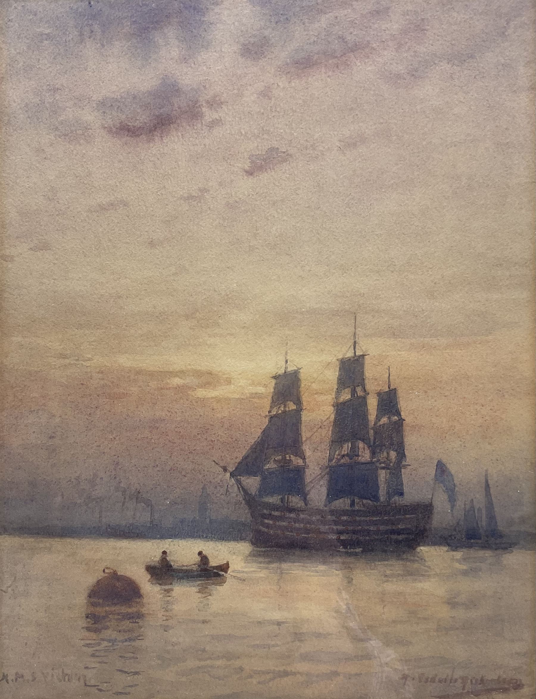 Robert William Esdaile Richardson (British 1861-1941): 'HMS Victory' in Portsmouth Harbour, watercolour signed and titled 27cm x 20cm