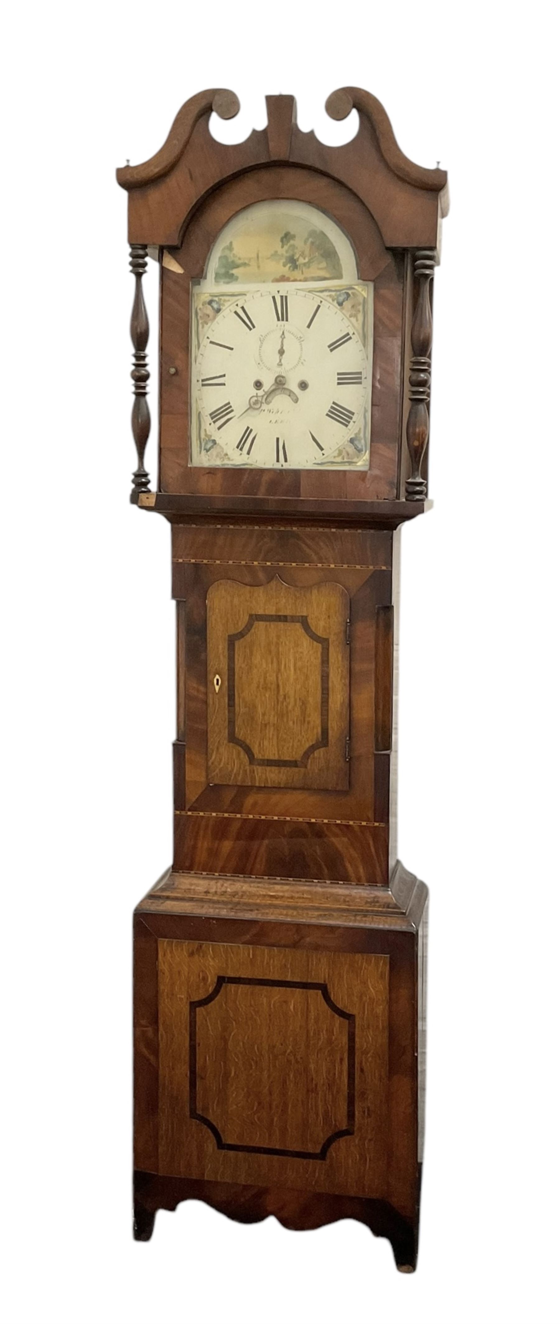 Late 19th century- 8-day mahogany and oak longcase clock, with a swan necked pediment and break-arch hood door beneath flanked by ring turned pilasters, broad trunk with canted corners and a short trunk door with crossbanding and a bone escutcheon, conforming plinth with a shaped base, painted dial with floral spandrels and a country scene to the arch, with Roman numerals, seconds dial and date aperture, dial pinned directly to a rack striking movement, striking the hours on a bell. With weights and pendulum.