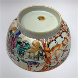 18th century Chinese famille rose bowl, the exterior decorated with panels of figures conversing, and birds, with collectors label beneath, H9cm D20cm 