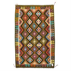 Chobi flatweave kilim, with repeating stepped medallion design in olive green, ivory, teal...