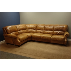  Large traditional shaped corner sofa upholstered in tan leather, 300cm x 210cm   