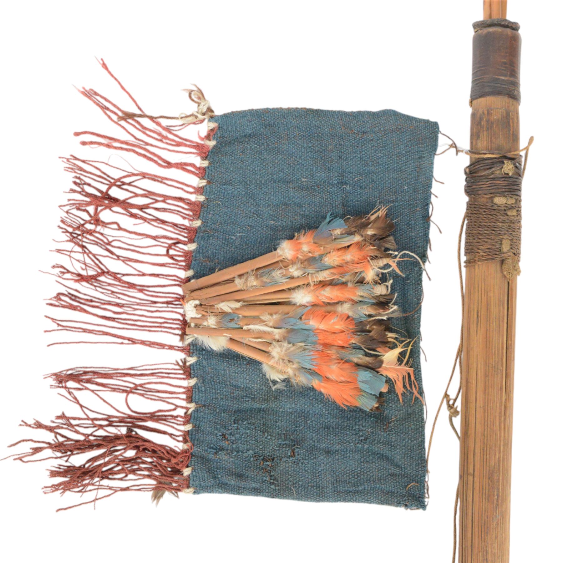 South American Indian carrying bag for blow pipe darts, together with African quiver with three barbed arrows