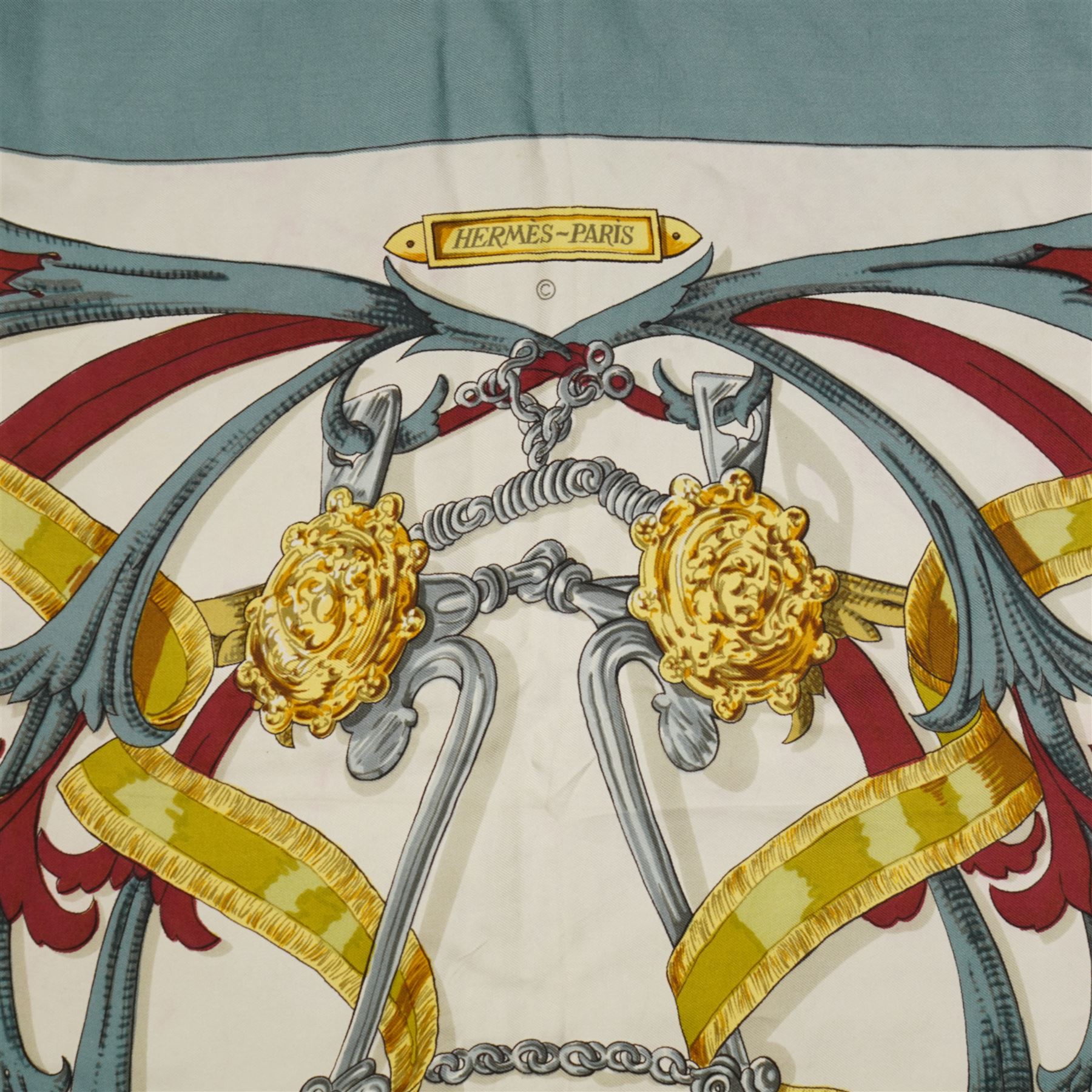 Hermes 'Le Mors A La Conetable' silk scarf, in the blue red and gold colourway, designed by Henri d'Origny, 88cm x 88cm