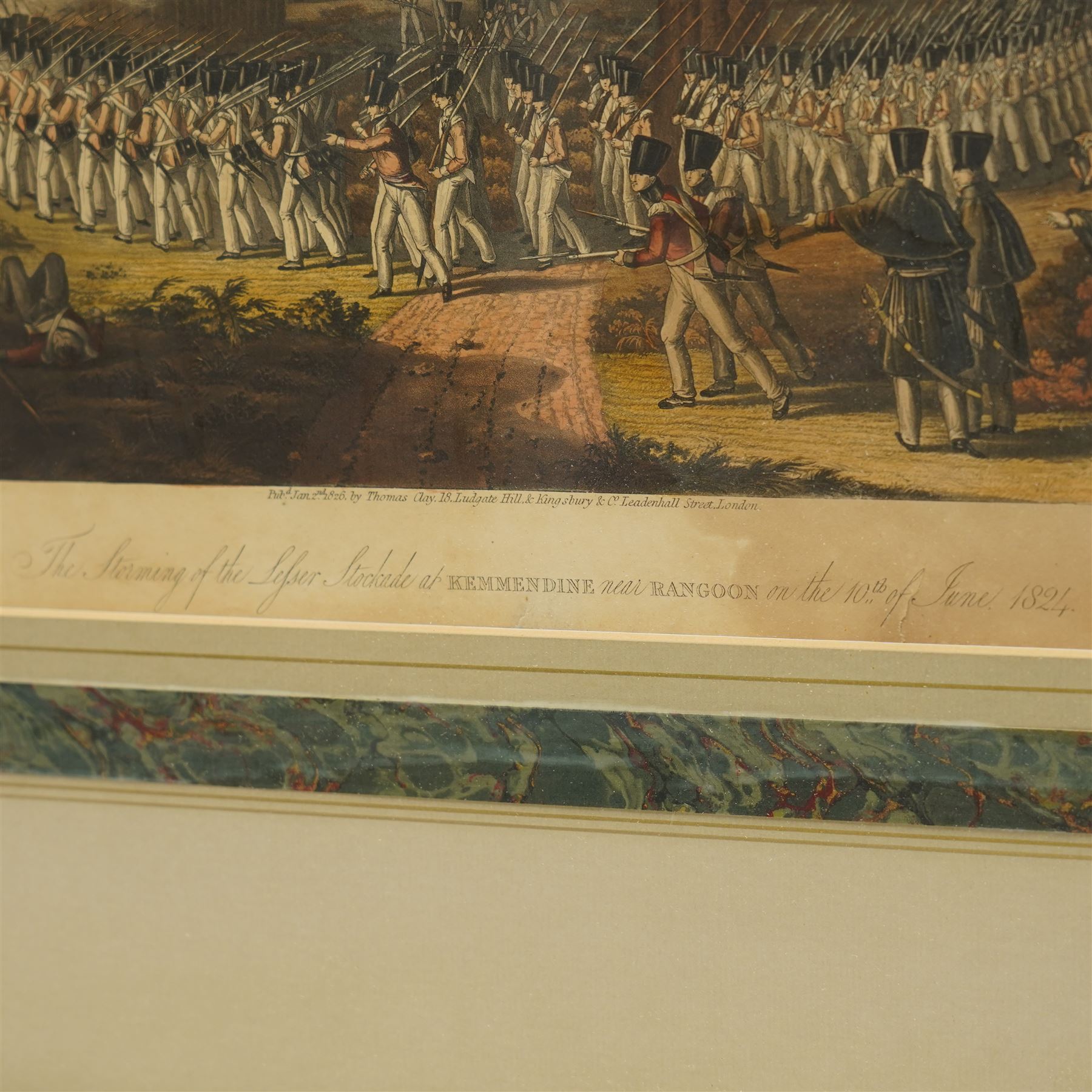 George Hunt (British c.1797-1841) after Lieutenant Joseph Moore (British fl.c.1824): Views of 'Rangoon' and 'Kemmindine near Rangoon', pair early 19th century etchings with hand-colouring of the First Anglo Burmese War pub. Views in the Birman Empire (London 1825-26) (2)