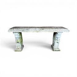 Weathered cast stone three piece garden bench, slab top raised on mythical creature supports