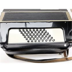GDR Firotti piano accordion with black and silver case, sixteen keys and forty-eight buttons L38cm; in simulated reptile skin case with sheet music
