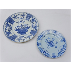  18th century Chinese Export blue and white plate D28.5cm and 18tch Chinese plate decorated in the Delft style (2)  