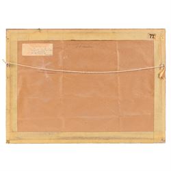 S E Barber (British Mid-20th Century): Surreal 'Landscape Fantasy', oil on board signed, titled on International Amateur Art Exhibition label verso 35cm x 50cm 