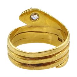 Victorian 18ct gold coiled snake ring, the head set with a single stone diamond and stone set eyes, makers mark EB, London 1886, diamond approx 0.35 carat