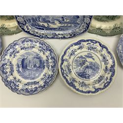 A pair of John Ridgway soup bowls, transfer printed in green with the Giraffe pattern, together with a group of other 19th century blue transfer printed wares, including a pair of Walmer pattern dinner plates. 