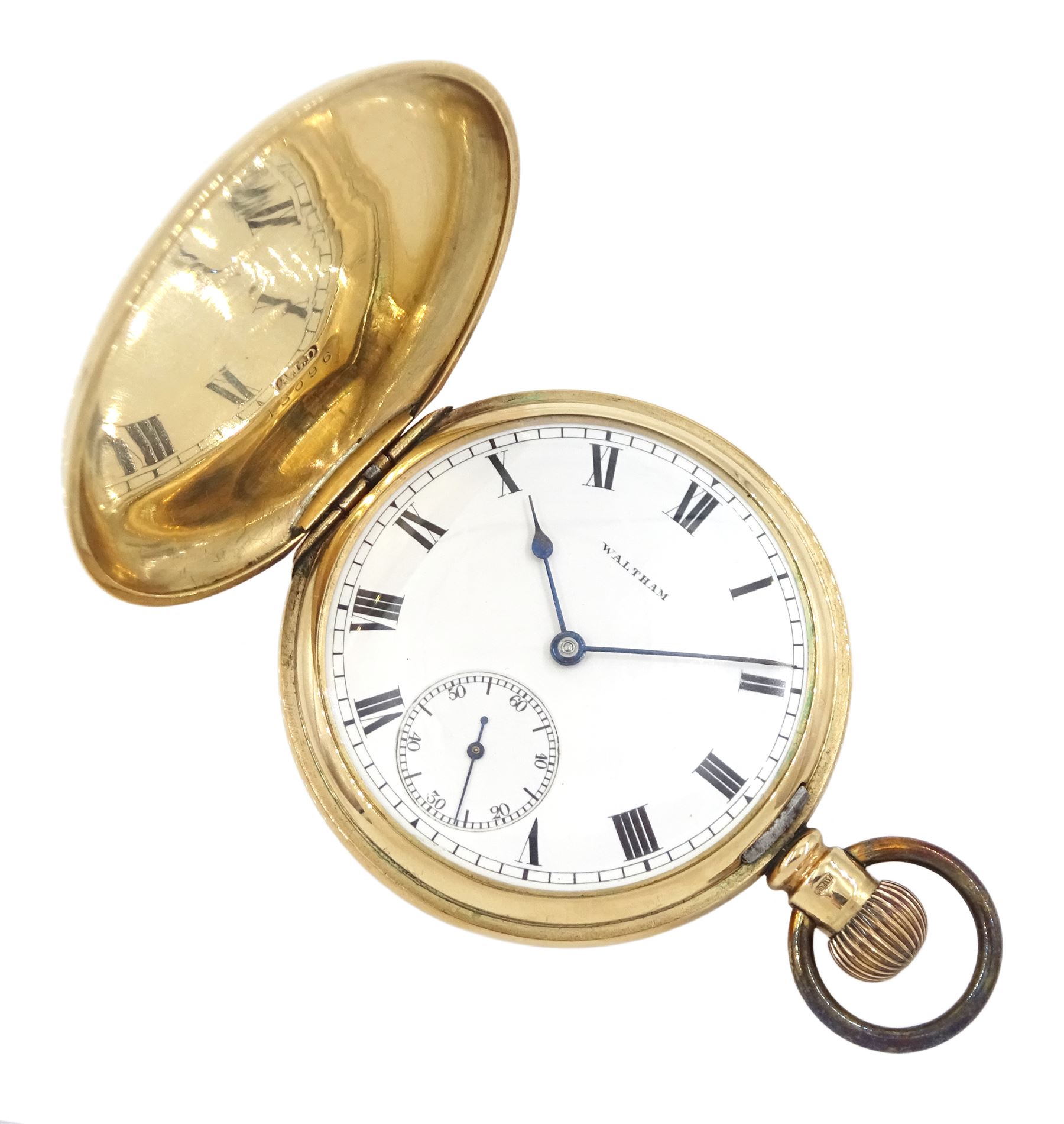 Early 20th century 9ct gold full hunter, keyless 'Traveler' lever pocket watch by American Watch Company, Waltham, No. 14765271, white enamel dial with Roman numerals and subsidiary seconds dial, case by Dennison, Birmingham 1907