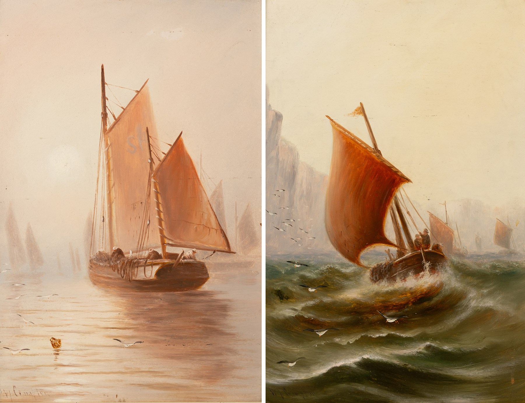 William James Smith Crampton (British 1855-1935): Fishing Vessels on Misty Waters, pair oils on board signed, in matching frames 45cm x 30cm (2)