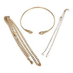 9ct gold jewellery, comprising bangle with metal core, curb link chain and fine chain